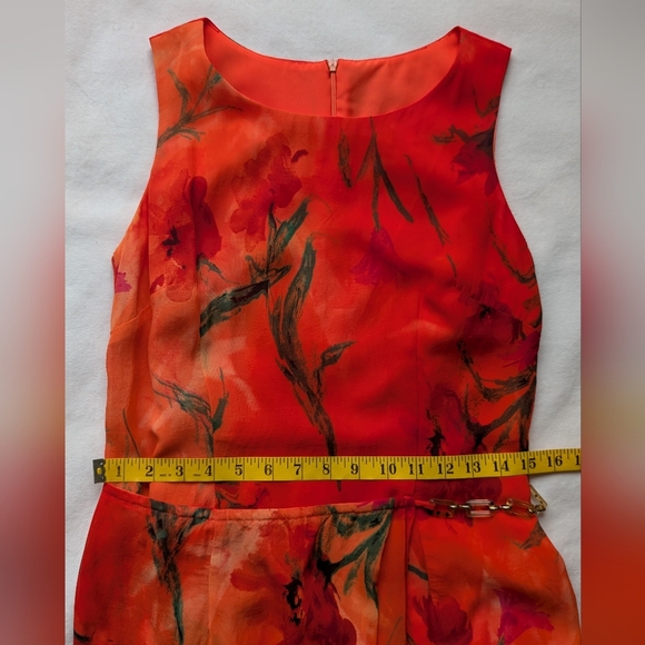 Vintage Joseph Ribkoff Floral Sheath Dress Orange Red Watercolor Print Size 8 - Picture 13 of 16